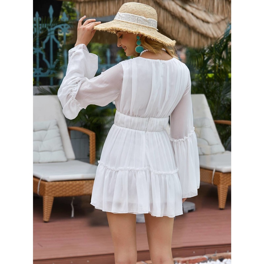 Plunging v Neck Frill Ruffle Hem long sleeve Chiffon mini Dress black 💙 - Picture 8 of 11